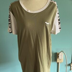 VICTORIA’S SECRET PINK Olive Green/White with Silver Sequins Bling Tee Size M